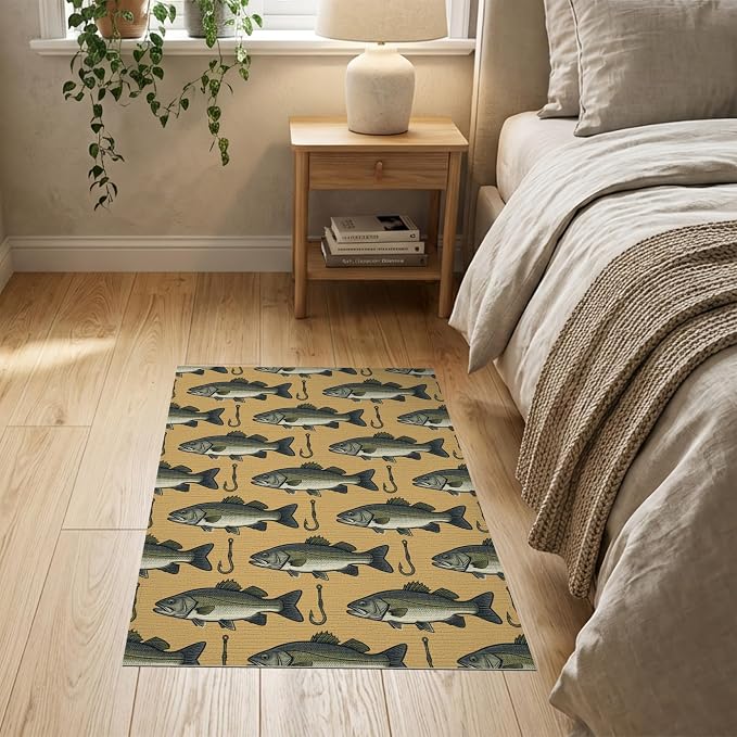 2'x3' Washable Area Rug Bass Lure Hook Motif Tackle Border Angler Lake Vintage Fish Fishing Refined for Bedroom, Nursery, RV, Pet Friendly & Kids Safe Bedside