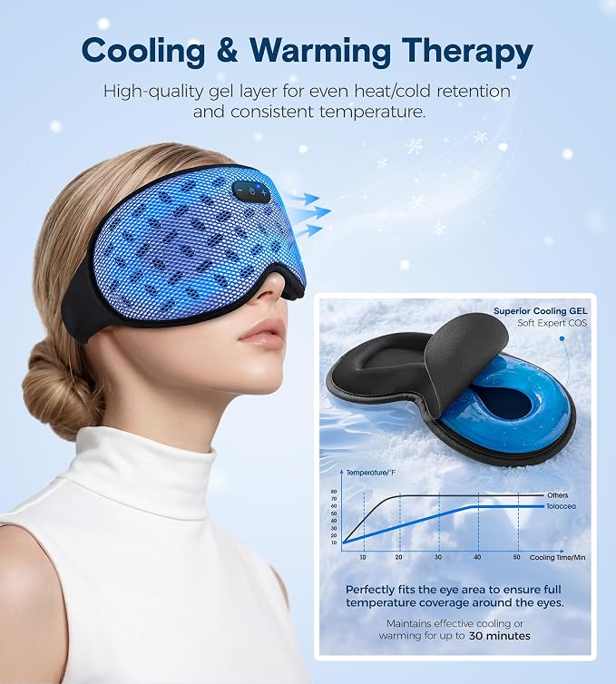 MUSICOZY Bluetooth Sleep Mask, Cooling Weighted Eye Mask with Bluetooth Headphones for Side Sleepers, 3D Contoured Relaxing No Pressure Eye Cover to Block Light for Night Sleeping(Grid Blue)