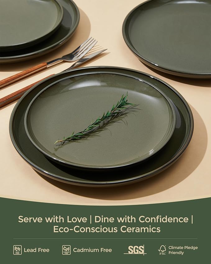 Pokini 24 Piece Dinnerware Set for 8, Santorini Mist Terracotta Plates and Bowls Sets, Complete Stoneware Dish Set for Large Families and Entertaining, Microwave & Dishwasher Safe, Blackish Green
