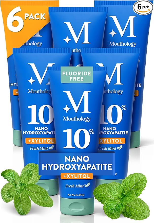 Mouthology 10% Nano Hydroxyapatite Toothpaste (6pk, Fluoride Free), Whitening*, Supports Enamel Care*, Appropriate for Sensitive Teeth*, SLS Free, Xylitol nHA Toothpaste Adults, Mint 4oz (USA Made)