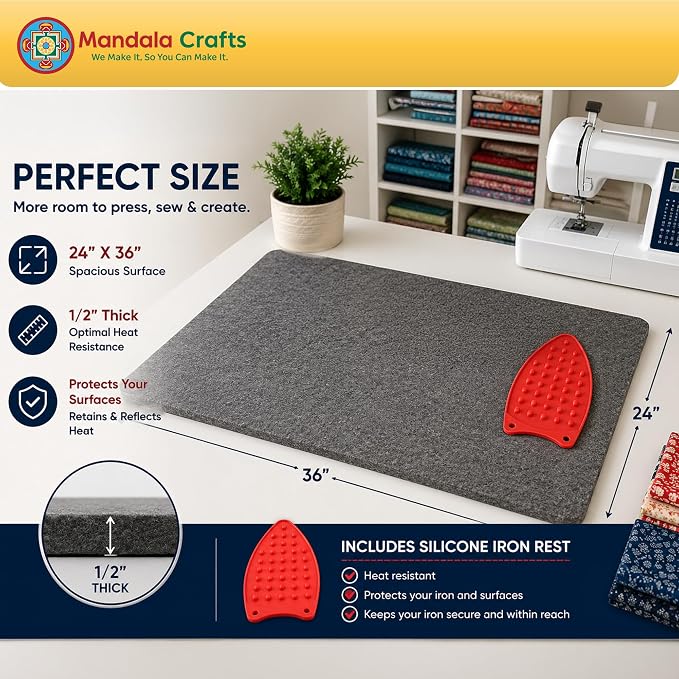 Mandala Crafts 24 × 36 Inch 100% New Zealand Wool Pressing Mat Ironing Pad | Portable, Thick, with Bag, Heat Resistant, Iron Board Alternative, for Sewing, Quilting, Embroidery, Any Surface