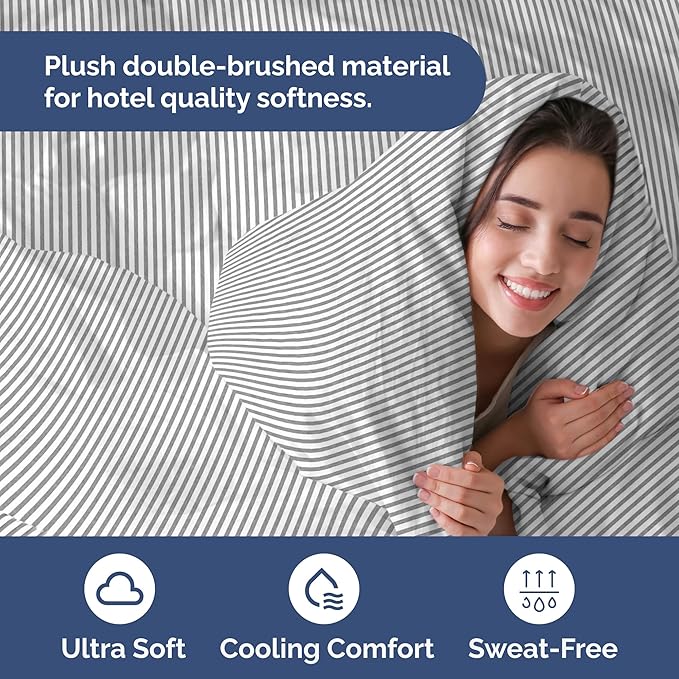 Duvet Cover King Size Set - Extra Soft King Duvet Cover 104" x 90" with 2 Pillow Shams for Women, Men, Kids & Teens - Hotel Luxury w/ Zipper Closures & Ties - Comfy, Cozy & Breathable (Grey Stripes)
