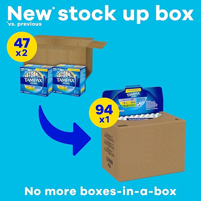 Tampax Pearl Tampons for Women Multipack, with LeakGuard Braid, Light/Regular/Super Absorbency, Unscented, 94 Count (2 Packs of 47) (Packaging May Vary)