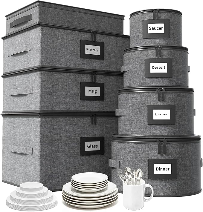Aokeyee 8-Piece China Storage Containers Set, Hard Shell Moving Boxes for Dishes, Plates, Mugs, Wine Glass & Flatware – Dinnerware Organizer with Soft Felt Dividers, Sturdy Handles & Zippers, Grey