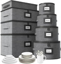 Aokeyee 8-Piece China Storage Containers Set, Hard Shell Moving Boxes for Dishes, Plates, Mugs, Wine Glass & Flatware – Dinnerware Organizer with Soft Felt Dividers, Sturdy Handles & Zippers, Grey