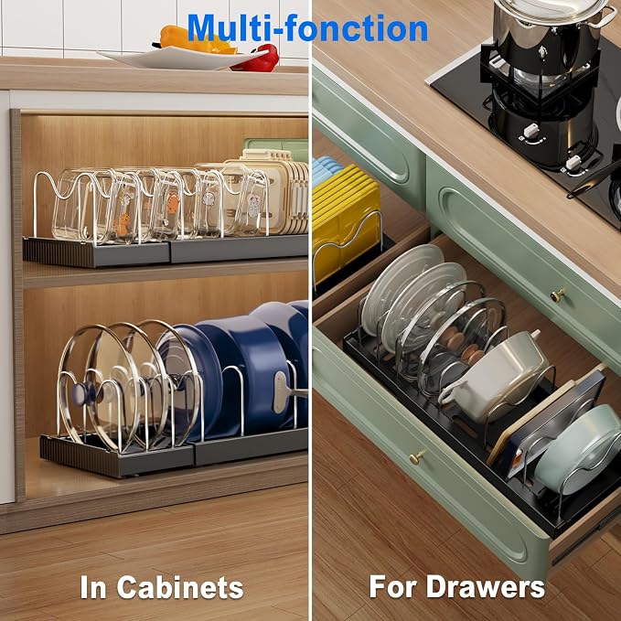 Mustorn Pots and Pans Organizer Under Cabinet, 22" Expandable Food Storage Container Lid Organizers with 9 Adjustable Dividers Pot and Pan Lid Holders Rack Inside Cabinet/Countertop(1 Pack, Black)
