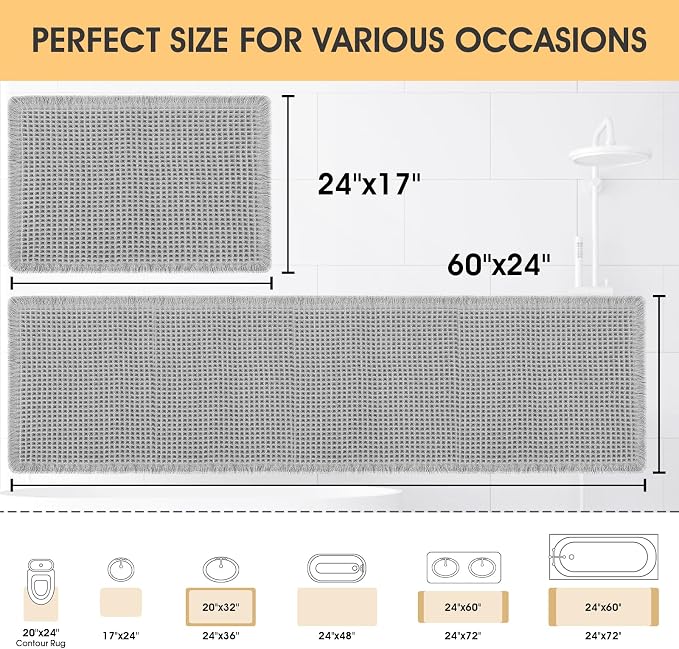 IM HOME Waffle Bath Mat Set 2 Piece Light Grey,Woven Modern Bath Rug Mats, Absorbent Non Slip Bath Floor Mat, Soft Washable Boho Bath Rugs with Tassels for Bathroom, Bedroom, Kitchen,Tub