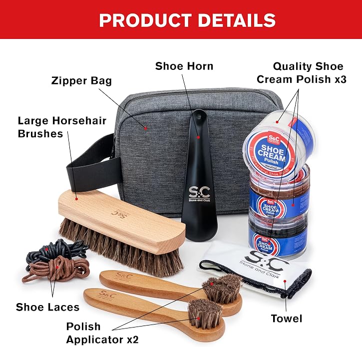 Stone and Clark 11 PC Shoe Shine Kit - Premium Shoe Polish Kit for Shoes - Black, Brown & Neutral Shoe Creams with Brushes, Laces, Buffing Cloth, Shoe Horn & More - Travel Essentials Shoe Care Kit