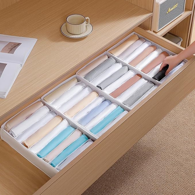 4 Packs T-shirt Drawer Organizers for Clothing,10 Grids Compartment Wardrobe Storage Box, Clothes Organizer for Folded Clothes, T-shirt, Legging, Silk Scarve-White