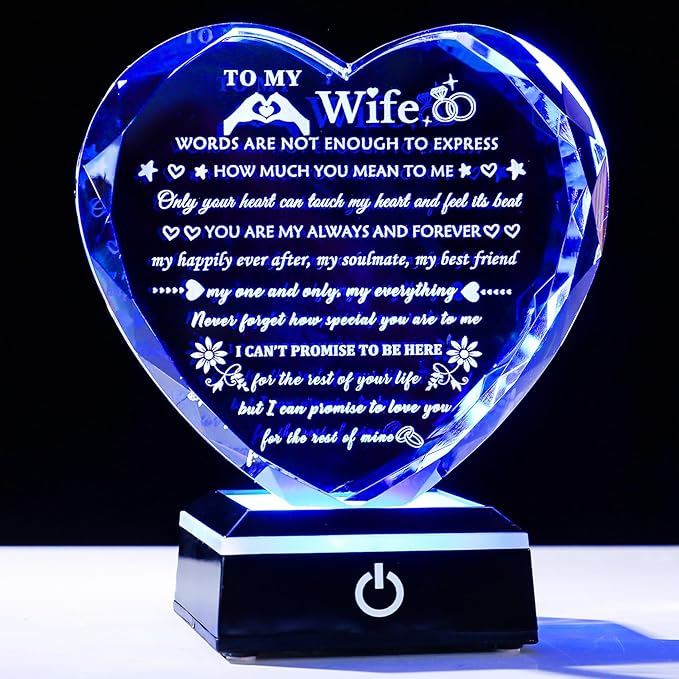 Arikyrist Romantic Wife Gifts from Husband with Colorful LED Base Anniversary Birthday Gift for Wife Crystal Keepsake I Love You Gifts for Her on Mothers Day Valentine Christmas