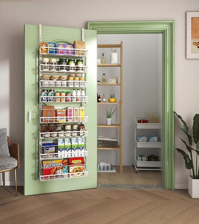 Mefirt Over The Door Pantry Organizer, Wall Mount Spice Rack, Pantry Hanging Storage and Organization, 8 Adjustable Baskets Heavy-Duty Metal for Home & Kitchen, Back of Door Seasoning Rack - White