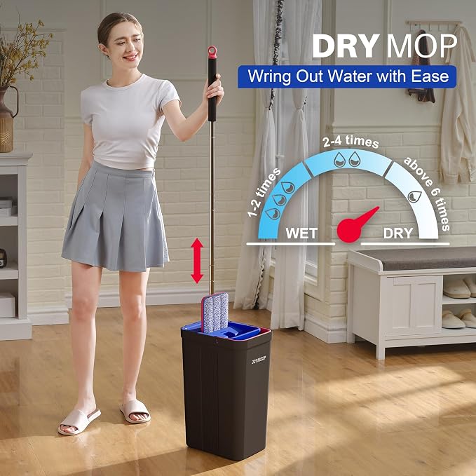 JOYMOOP Mop and Bucket with Wringer Set, Hands Free Flat Floor Mop and Bucket, with 6 Washable Microfiber Pads, Wet and Dry Use, Floor Cleaning System - Black+Red+Slate Blue