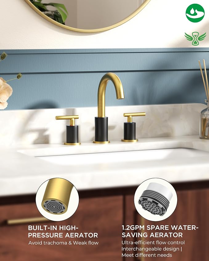 FORIOUS Black and Gold Bathroom Faucet 3 Hole with Pop Up Drain and 24 in Supply Line, 2 Handle Modern Bathroom Vanity Faucet Widespread 8 inch with 360 Degree Swivel Gooseneck, for 6" to 12" Basin