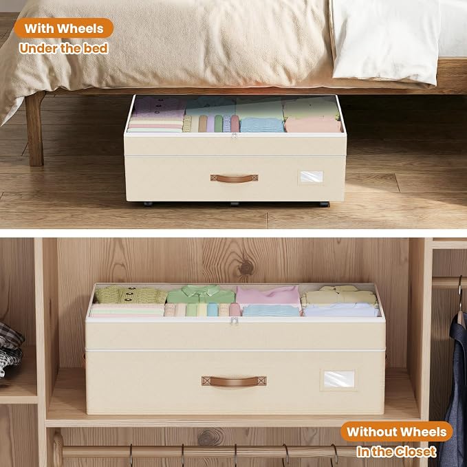 80L 2 Pack Adjustable Under Bed Storage with Wheels, Beige | Underbed containers with clear lids, rolling underbed shoe storage organizer for dorm clothes, blankets, easy to install