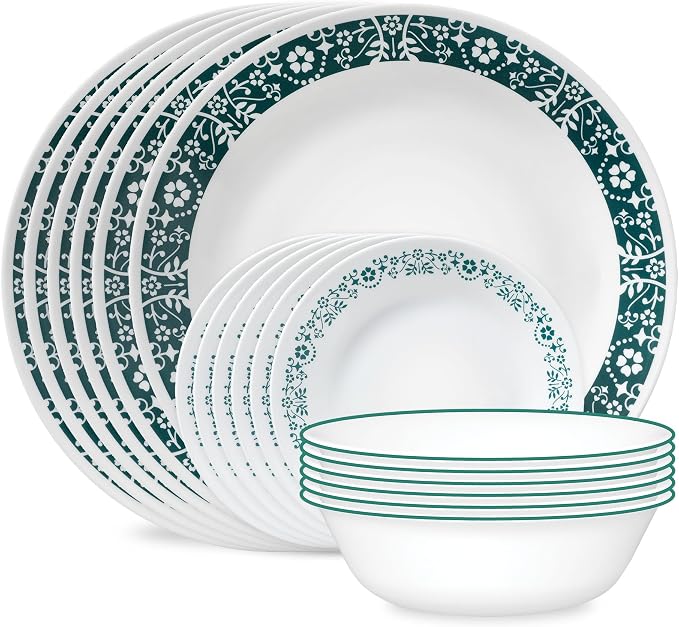 Corelle Vitrelle 18 Piece Glass Dinnerware Sets Service for 6, Triple Layer Chip & Crack Resistant Glass Plate and Bowl Sets, Penelope