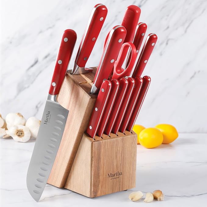 MARTHA STEWART Eastwalk 14 Piece High Carbon Staineless Steel Cutlery Knife Block Set w/ABS Triple Riveted Forged Handle Acacia Wood Block - Red
