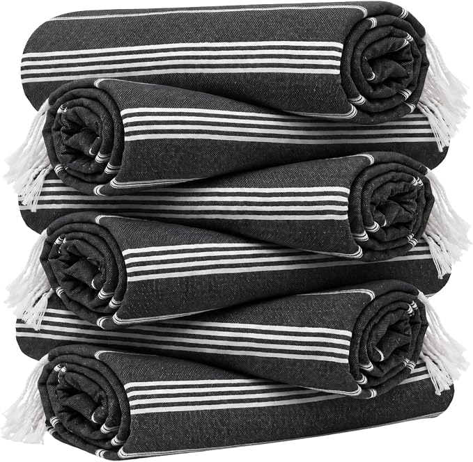 HAVLULAND Turkish Beach Towels, Set of 12, Oversized 72"x40" - Black | Soft Hammam Peshtemal, Sand Free, Quick-Dry, Absorbent Bath Towel | Lightweight & Compact for Travel, Pool, Gym, Spa