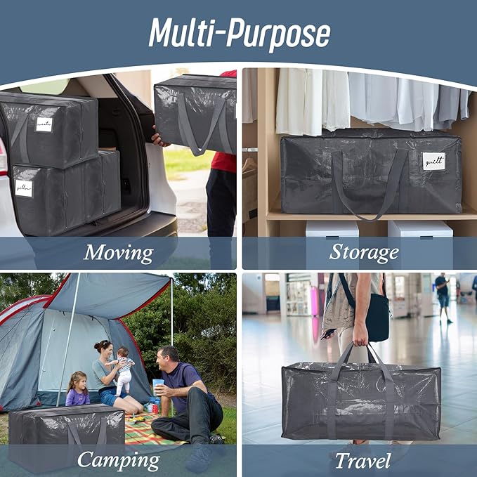 12 Pack Extra Heavy Duty Large Moving Bags with Strong Zipper, Gray | Comfortable Handles, Sturdy & Durable Clothes Storage Bags Totes Bins, Blue Packing Moving Boxes for College Supplies