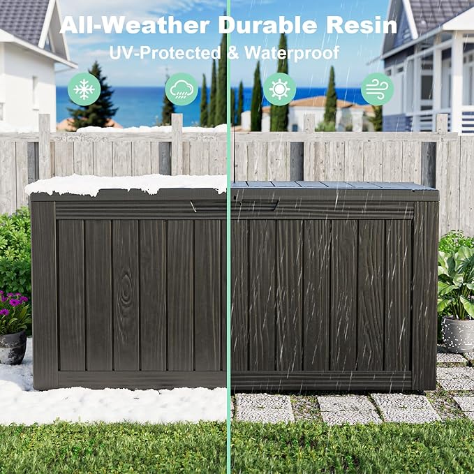 DRATO 85 Gallon Outdoor Storage Box Waterproof, Lockable Resin Deck Box for Patio Furniture, Pool Supplies & Garden Tools, Weatherproof Outside Storage Bin for Backyard Porch (Black, 85 Gallon)