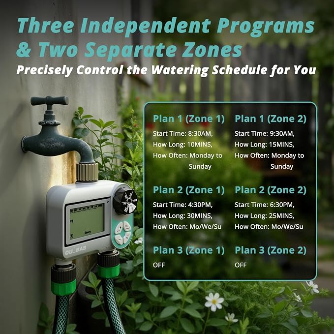 QUOBAS Sprinkler Timer, Weekly Programmable Water Hose Timer for Garden Hose Faucet with Waterproof LCD Screen, Rain Delay/Manual/Automatic Irrigation Watering System for Garden, Lawn, Yard