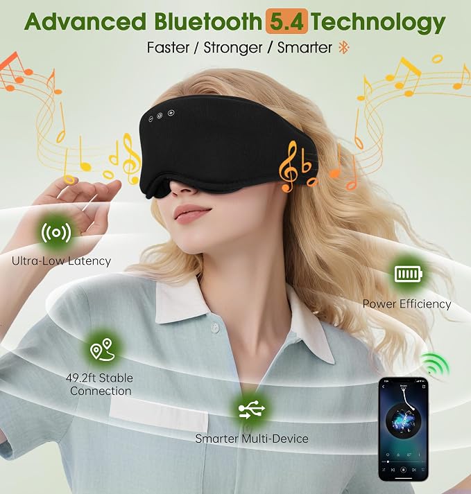 LC-dolida Bamboo Cotton Bluetooth Sleep Mask, 2 in 1 3D Soft Sleep Mask with Sleep Headphones, Sleep Eye Mask with Timming Setting, Blackout Sleeping Mask for Side Sleepers, Women Men, Black