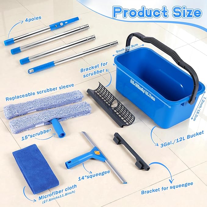 Window Cleaning Kit with 3 Gallon Bucket 14" Window Squeegee with 61" Long Handle 15" Microfiber Scrubber Glass Cleaner Set Tool for Home Outdoor Commercial Use