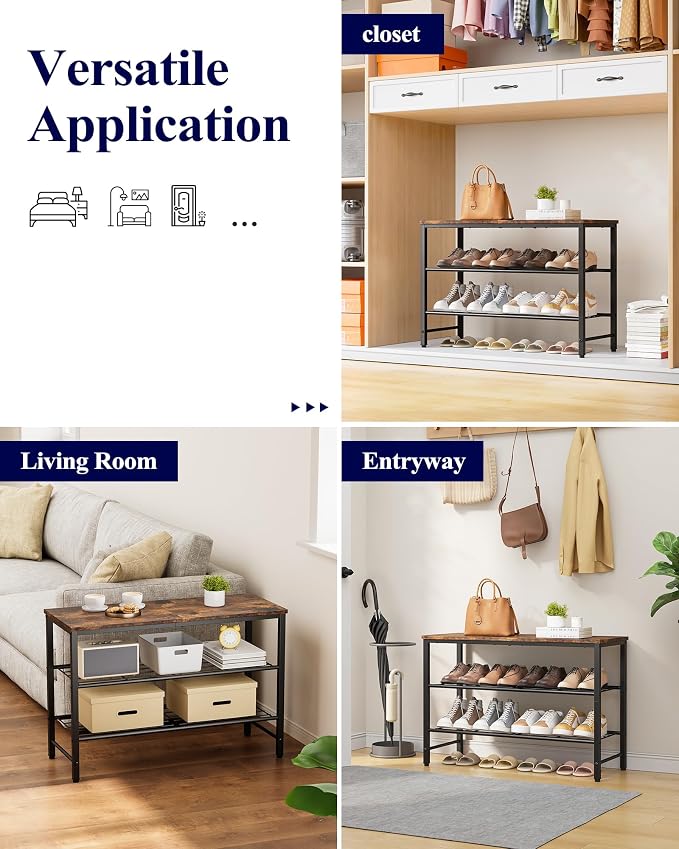 Kitsure Shoe Rack for Closet, Rustic Brown Shoe Organizer with Leveling Feet, Sturdy & Rust-Proof Shoe Storage for Entryway, Bedroom, Living Room, 29.5" x 11.4" x 18.4", Brown
