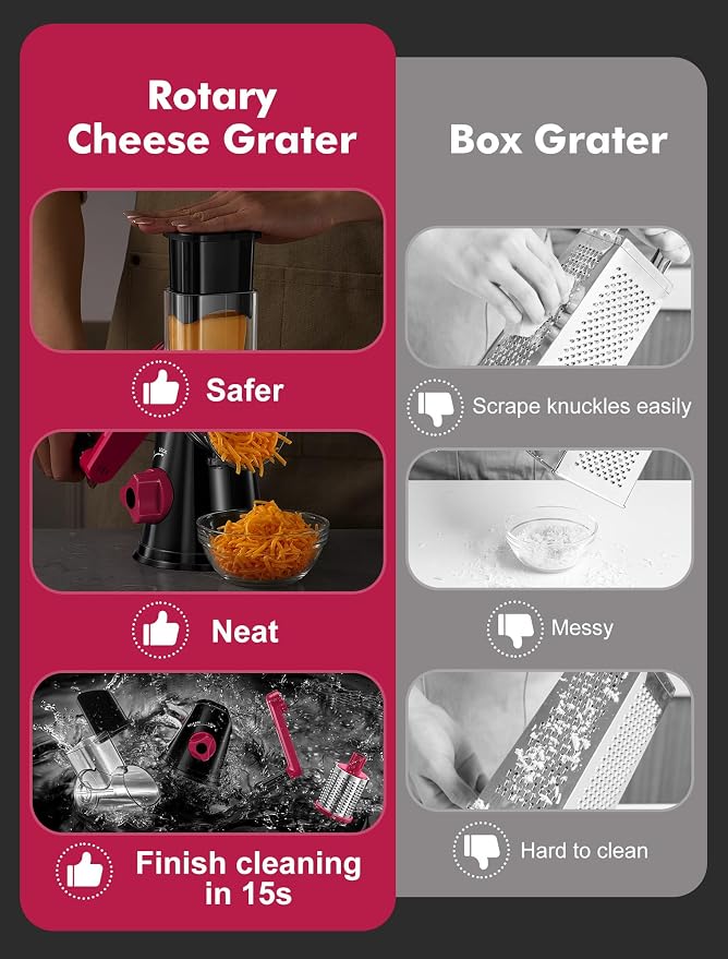Cheese Grater Rotary, Rotary Grater for Kitchen, Kitchen Vegetable Slicer with 3 Drum Blades, Fast Cutting Cheese Shredder for Vegetables and Nuts (Black+Rosy, 3 BLADES)