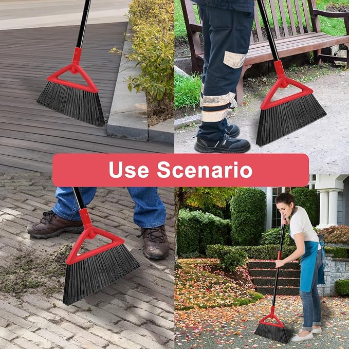 Heavy Duty Angle Broom 4 Pack - Red Broom for Outdoor & Indoor, Garage, Driveway, Sidewalk, Kitchen & More, Long Handle