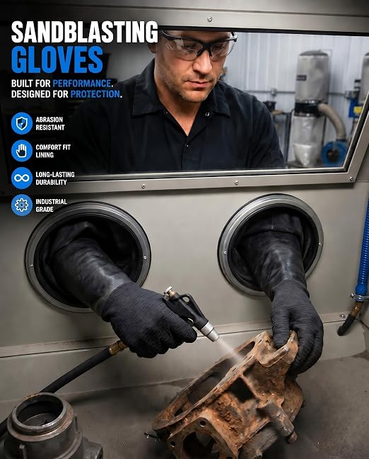 Maxcheck Heavy Duty Sandblasting Cabinet Gloves 26.8 Inch Rubber Sandblast Gloves with Non-slip Particle Grip for Blasting(Wrinkle Style)