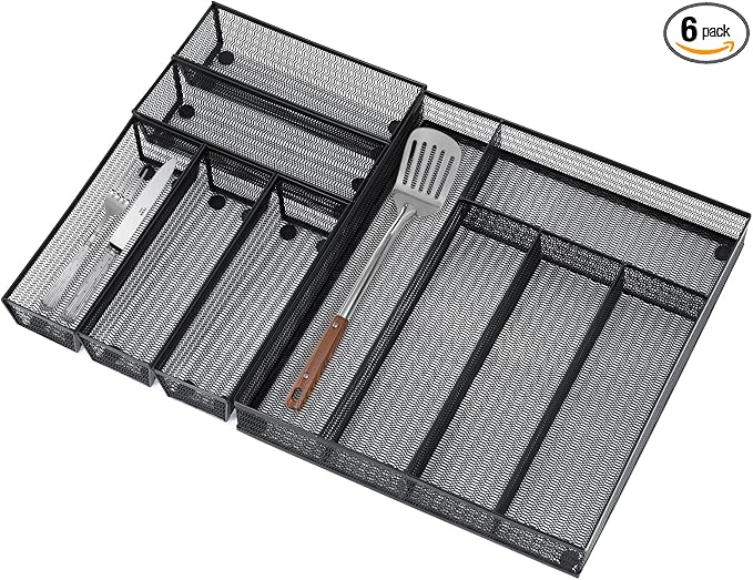 Neudeco Drawer Organizer Set, Black Mesh, 6 Pack | 5-Compartment Silverware Organizer Tray, 5 Utensil Trays, For Flatware, Cutlery, Office Supplies, Non-Slip