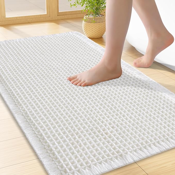 Smiry Waffle Bath Mat 24x16, Extra Soft Absorbent Bathroom Rugs, Non Slip Machine Washable Quick Dry Bath Rugs for Bathroom Floor, Tub, Shower, Home Decor Accessories, White