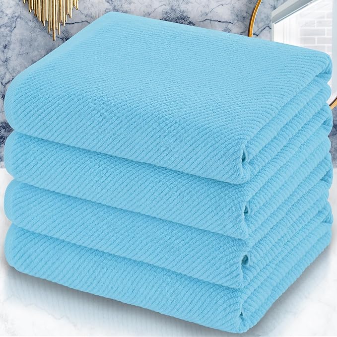 VOOVA & MOVAS Bath Towels 4PC, 100% Cotton, 30x56 in, Ocean Blue | Quick Dry, Thick, Soft, Absorbency, Bathroom Essentials, Suitable For Household Bathroom, Spa, Guest Room