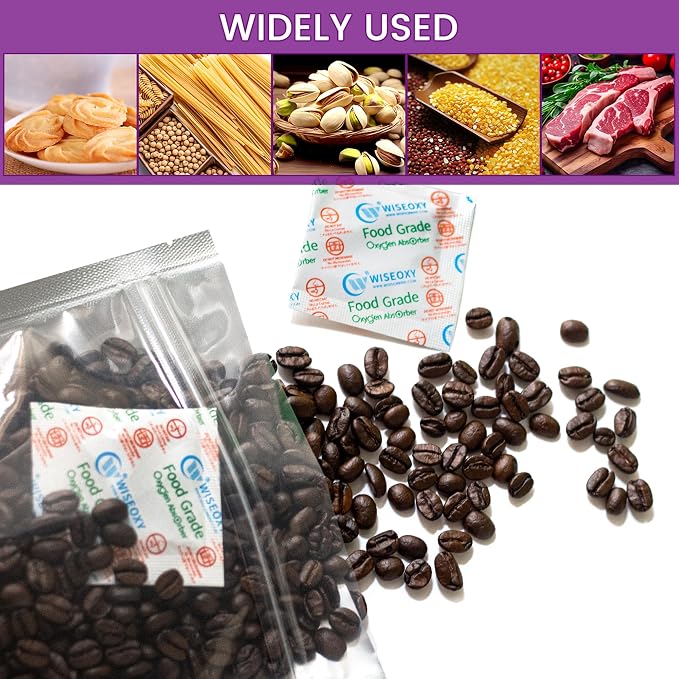 Wisesorb 120pcs Mylar Bags for Food Storage with Oxygen Absorbers 300cc 500cc (50 Packs Each), Resealable Pouches 4 Sizes Mix Bundle 30 Each (10x14, 7x10, 5x7, 4x6 Inches), Stand Up with Clear Window
