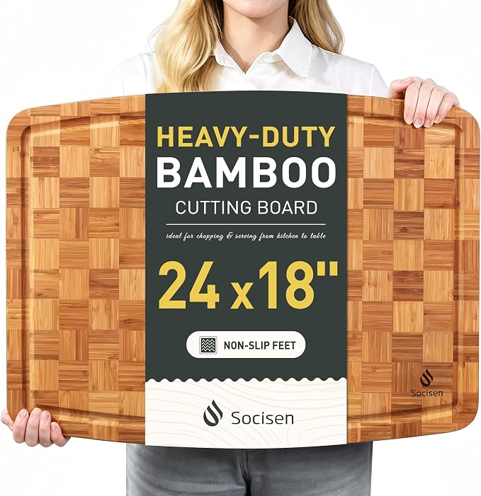 Extra Large Bamboo Wooden Cutting Board Wood Cutting Boards for Kitchen | Heavy Duty, End Grain, Non Toxic, Non Slip, Cutting Board Set, Solid Thick, Juice Groove, Butcher Block, Best Kitchen Gift