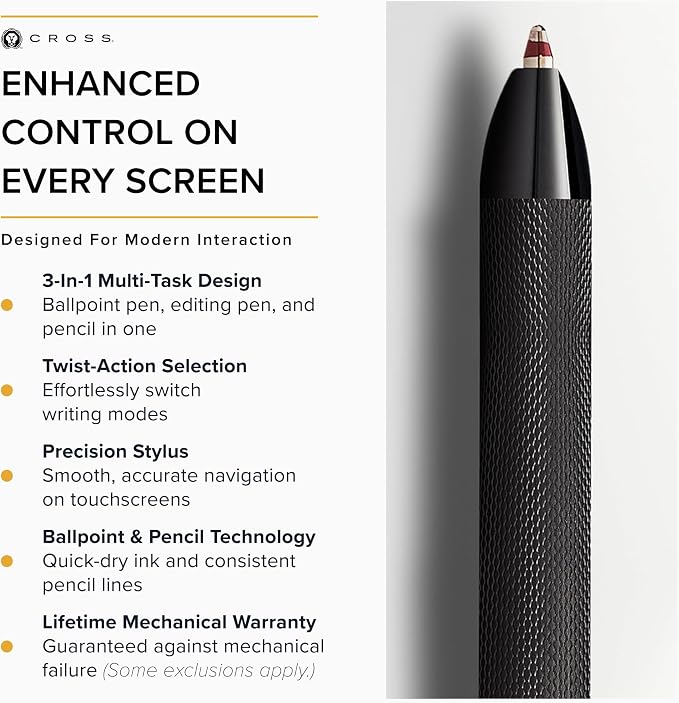 Cross Tech3+ Refillable Multi-Function Ballpoint Pen with Stylus, Medium Ballpen and Pencil, Includes Premium Gift Box - Brushed Black