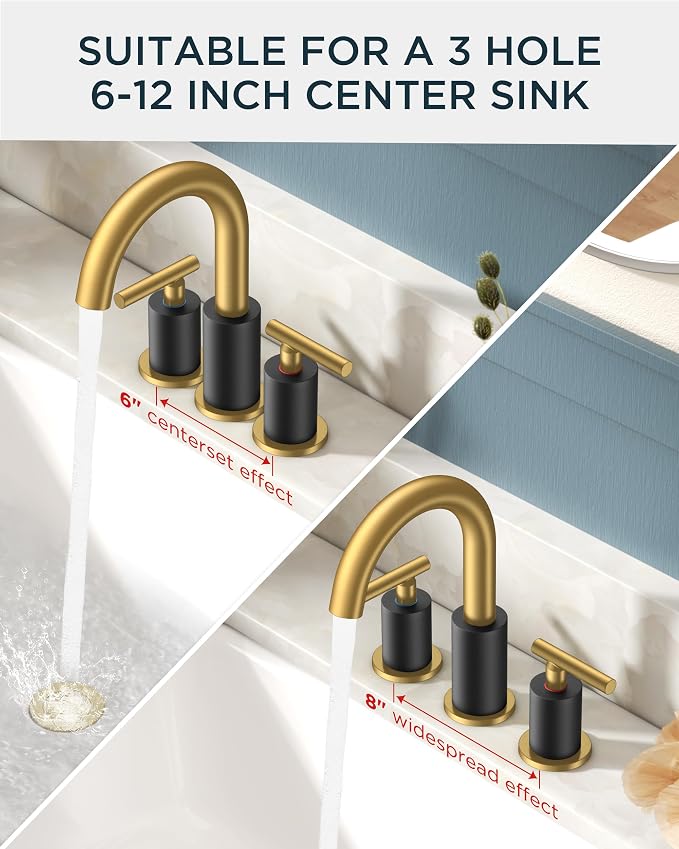 FORIOUS Black and Gold Bathroom Faucet 3 Hole with Pop Up Drain and 24 in Supply Line, 2 Handle Modern Bathroom Vanity Faucet Widespread 8 inch with 360 Degree Swivel Gooseneck, for 6" to 12" Basin