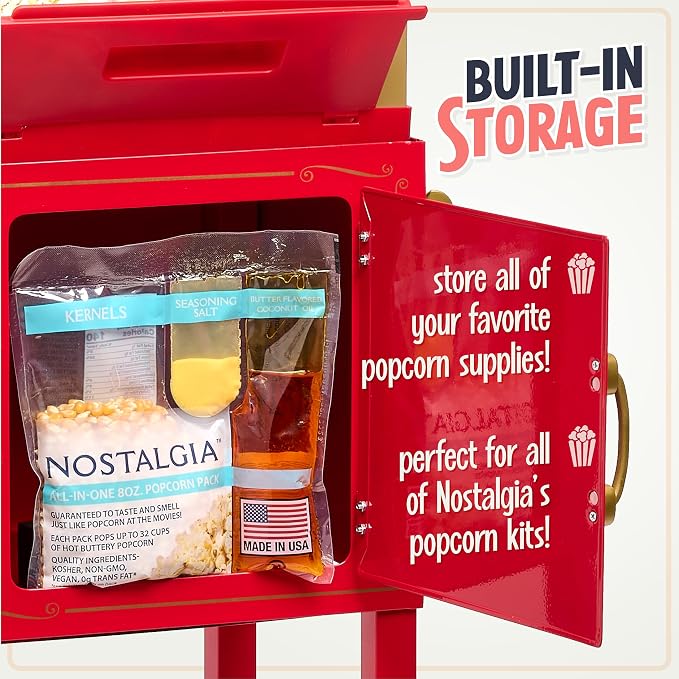 Nostalgia Popcorn Maker Machine - Vintage Theater Style Popcorn Cart With 2.5oz Stainless Steel Kettle, Makes Up To 10 Cups Easily - Bring Home the Fun with Theater Style Popcorn Machine- Red