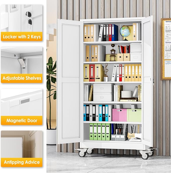 PAOFIN Metal Garage Storage Cabinet with Wheels,Steel Lockable File Cabinets with 2 Doors and 5 Adjustable Shelves,74" H Locking Tool Cabinets for Home Office, Warehouse, Required Assembly,White