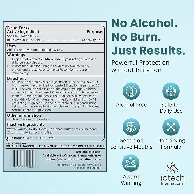 ioRinse AC Anticavity Fluoride Mouthwash - Alcohol-Free Molecular Iodine Mouth Wash Fights Tooth Decay & Protects Enamel - Safe Mint Rinse for Sensitive Mouths - Potent Bad Breath Protection - 33.8 oz