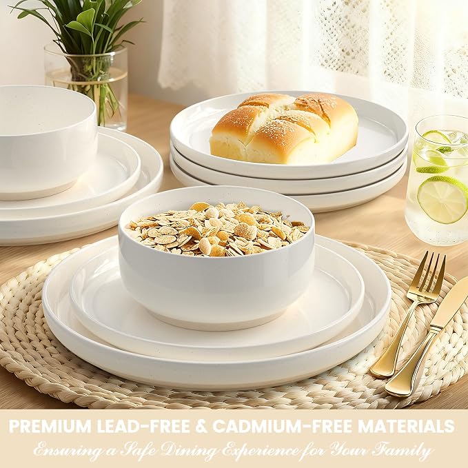Plates and Bowls Sets, Scratch Resistant Dinnerware Sets for 8, 24 Pieces Porcelain Ceramic Dishware Dishes Set, Modern Stoneware Kitchen Dinner Set, Microwave and Dishwasher Safe, Cream White