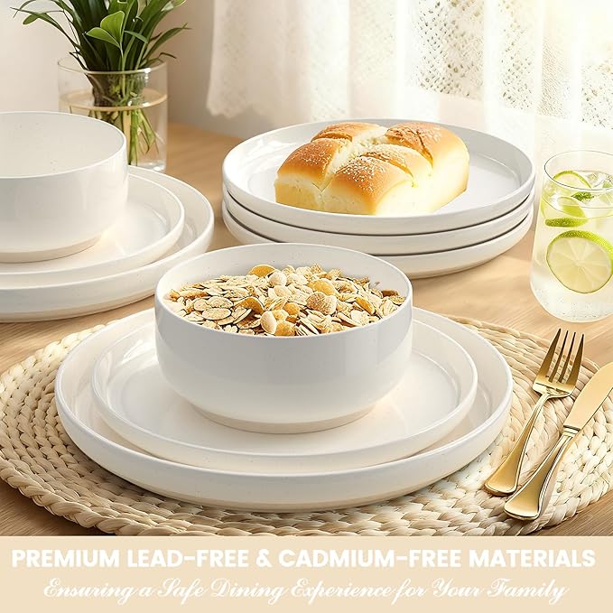 Plates and Bowls Sets, Dinnerware Sets for 4, 12 Pieces Scratch Resistant Dishware Dishes Set, Ceramic Kitchen Dinner Set, Porcelain & Microwave and Dishwasher Safe, Cream White