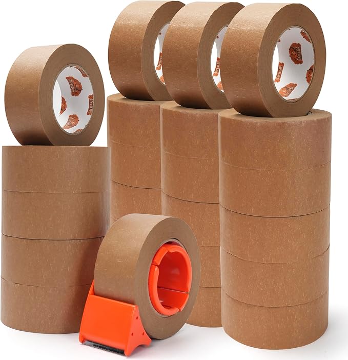 TAPEBEAR Eco-Friendly Kraft Paper Tape with Dispenser, Biodegradable Heavy Duty Packing Tape 2Inch x 55Yard, Recyclable Packaging Tape Self Adhesive Box Tape for Shipping, Sealing, Moving, 24Rolls
