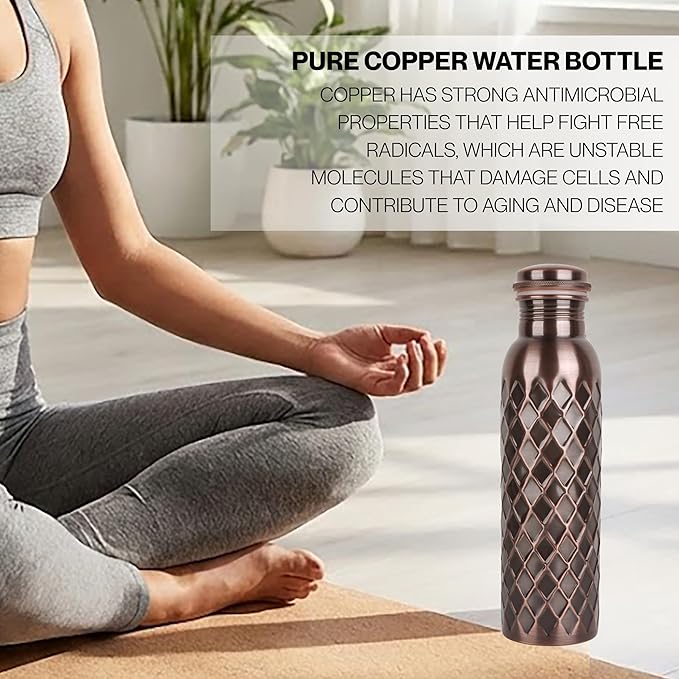 Copper Water Bottle 32 Oz Extra Large, Real Pure Copper Bottle for Drinking Water, Antique Diamond Ayurvedic Drinking Bottle, Leak Proof Cap, Cleaning Brush, Daily Hydration for Home Travel