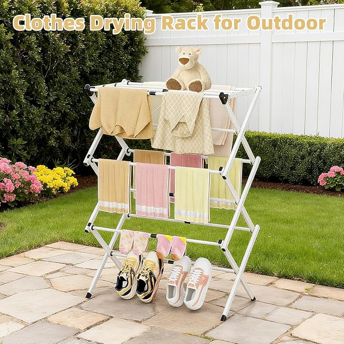 BAKON Space Saving Foldable Clothes Drying Rack, Extendable Rustproof Laundry Rack for Indoor Outdoor Use, No Assembly Required, Suitable for Bathroom Laundry Room Apartment RV, White
