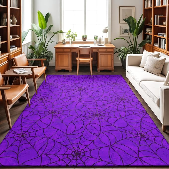 Area Rug 3'x5', Purple Halloween Washable Large Area Rugs for Kitchen Bedroom Laundry Bathroom Office, Black Spiders Net Classic Gingham Non Slip Door Mat Indoor Entryway Floor Accent Throw Carpet