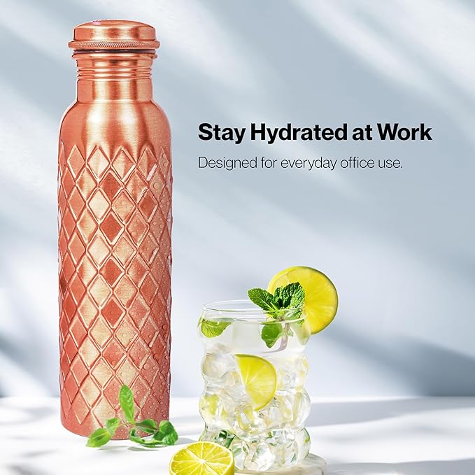 Copper Water Bottle 32 Oz Extra Large, Pure Copper Bottle for Drinking Water, Diamond Ayurvedic Drinking Bottle, Leak Proof Vessel, Cleaning Brush, Daily Hydration for Home Travel