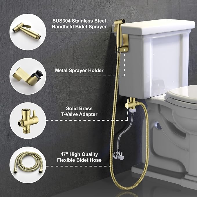 SHAMANDA Handheld Bidet Sprayer for Toilet, Stainless Steel Baby Cloth Diaper Sprayer Kit, Bathroom Toilet Bidet Attachment Set for Bathing Pets Feminine Hygiene, Brushed Gold BDS01-3