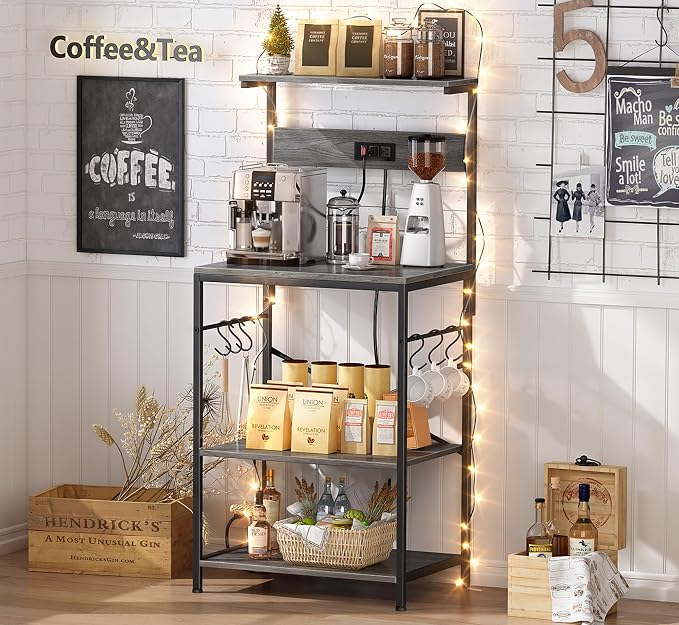 SUPERJARE Kitchen Bakers Rack with Power Outlet, Coffee Bar Table 4 Tiers, Kitchen Microwave Stand with 6 S-Shaped Hooks, Storage Shelf Rack for Spices, Pots and Pans - Charcoal Gray
