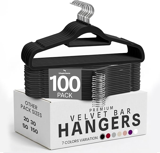 Utopia Home Velvet Hangers 100 Pack – Premium Hangers with Tie Bar - Black | Non-Slip Slim Clothes & Coat Hangers with Tie Bar, Space-Saving Heavy Duty Design, 360° Swivel Hook